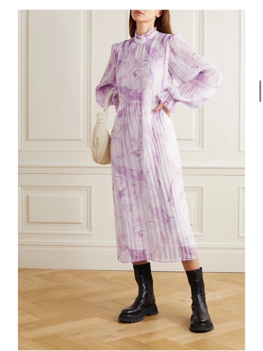 Ganni Printed Plissé Georgette Midi Dress